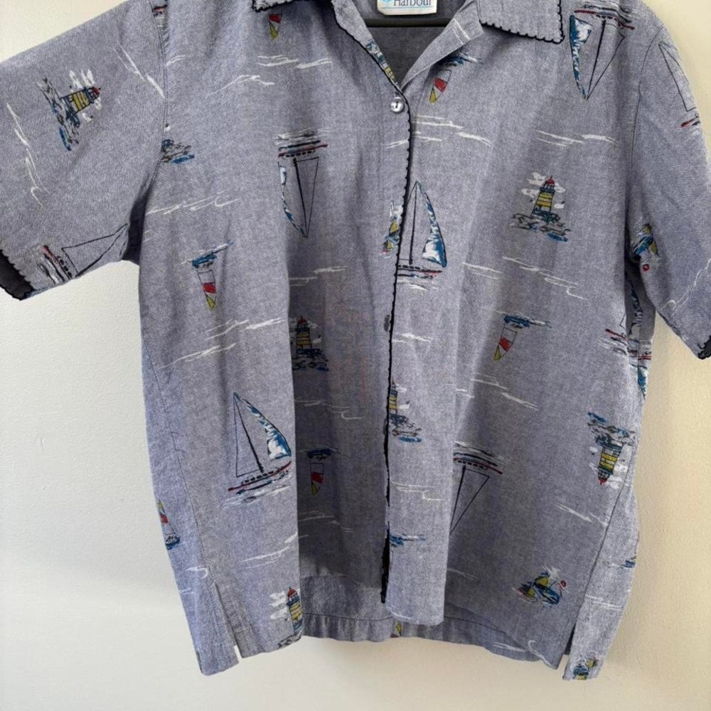 Vintage Cottagecore Blue Navy Embroidered Vacation sailboat Grannycore Top - XL